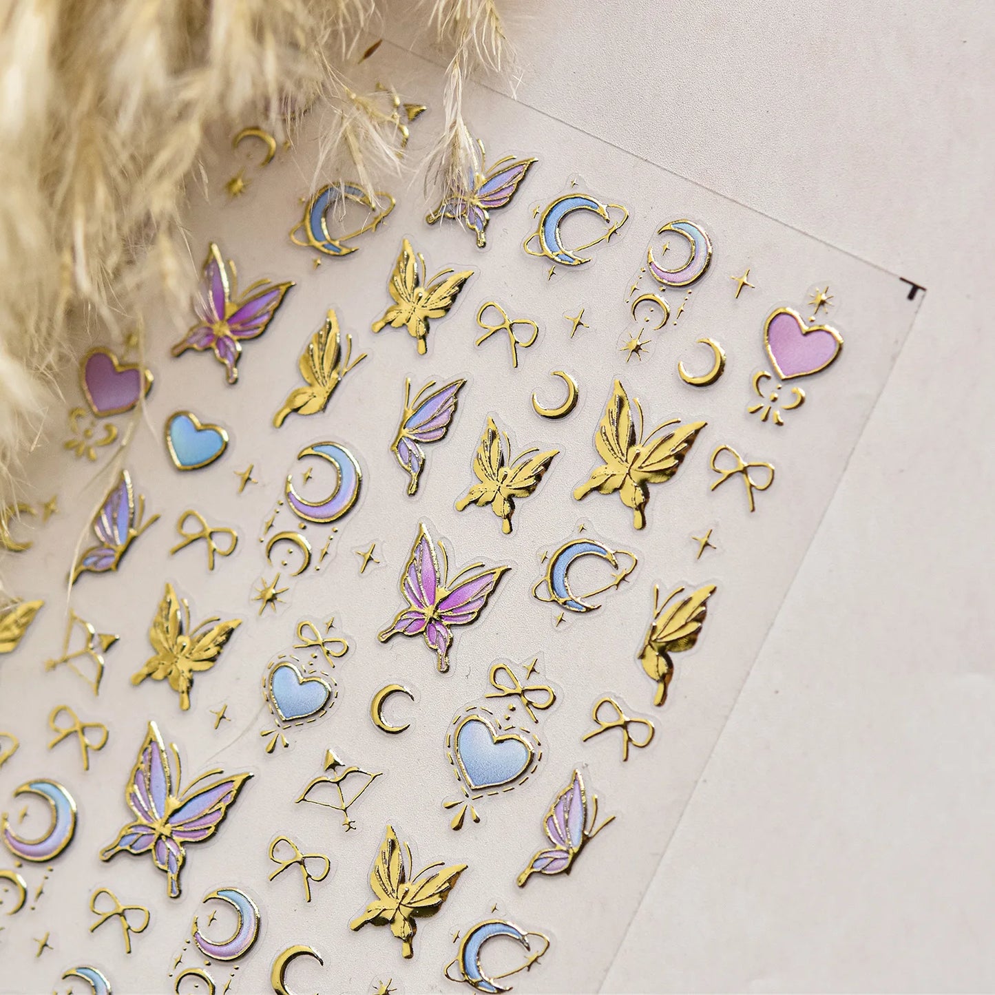 Gold Metal-Look Moon Bow Arrow Butterfly Purple Blue 3D Nail Art Decals