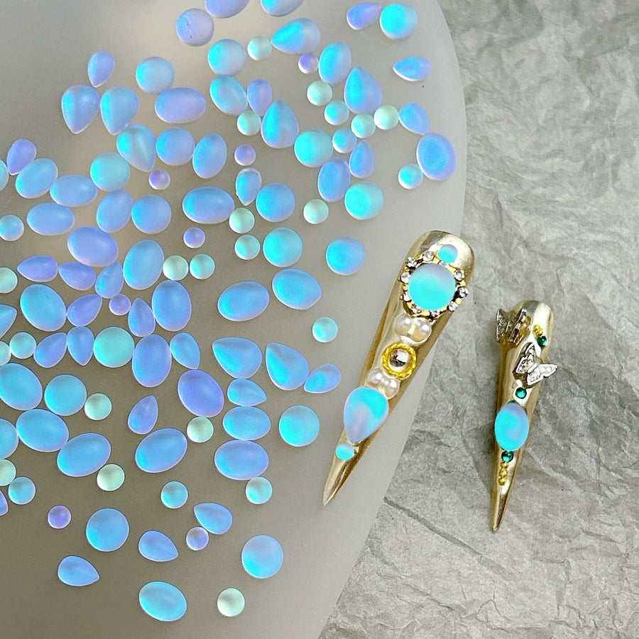30pcs Rare Opalescent Blue Droplet Moon Stone Nail Charms for Professional Manicures
