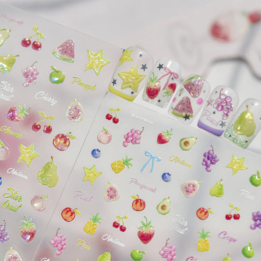Jelly Fresh Fruit Nail Art Decals Avocado, Grape, Peach, Strawberry, Pear, Pineapple