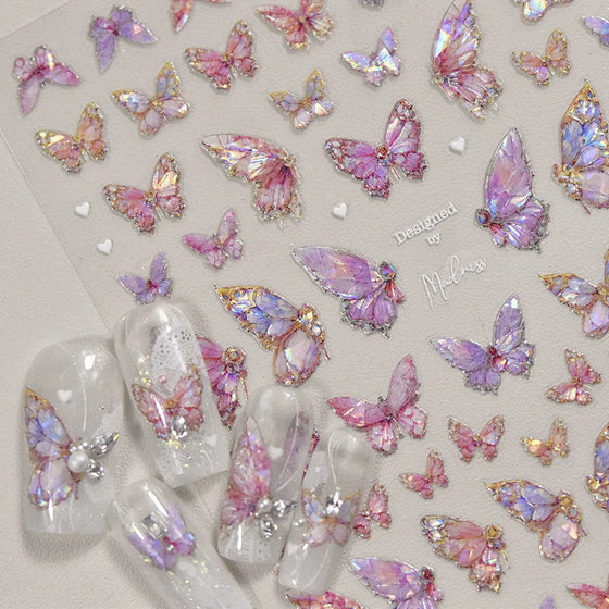Luxury Opalescent Japanese Purple Blue Pink Butterfly Nail Art Decals