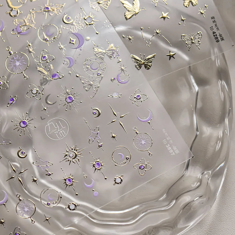 5D bronzing Gold Butterfly Nail Stickers Moon Stars  Butterfly self-adhesive Slider for Decoration Nail Art Sticker Slider DIY