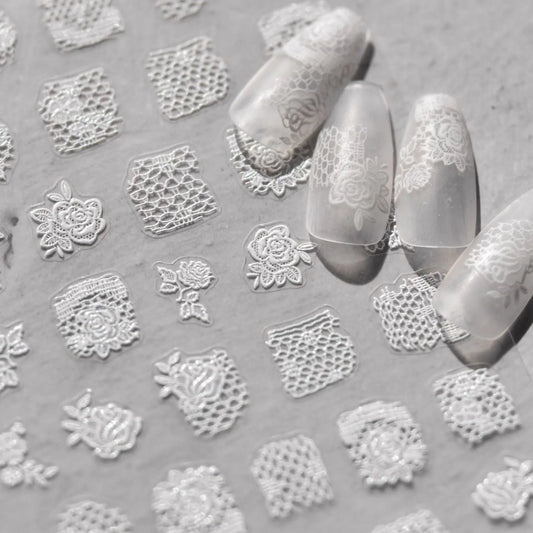 Elegant White Lace Rose Japanese 3D Nail Art Decals