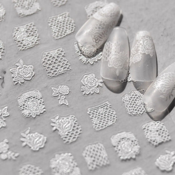 Elegant White Lace Rose Japanese 3D Nail Art Decals