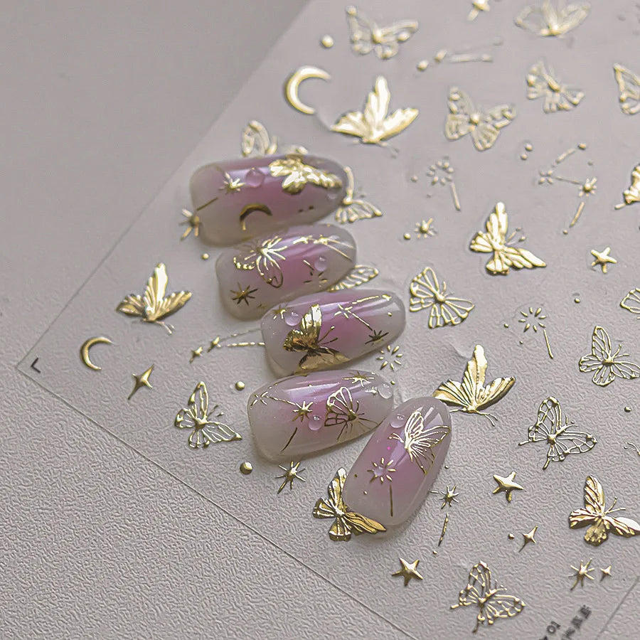 5D bronzing Gold Butterfly Nail Stickers Moon Stars  Butterfly self-adhesive Slider for Decoration Nail Art Sticker Slider DIY