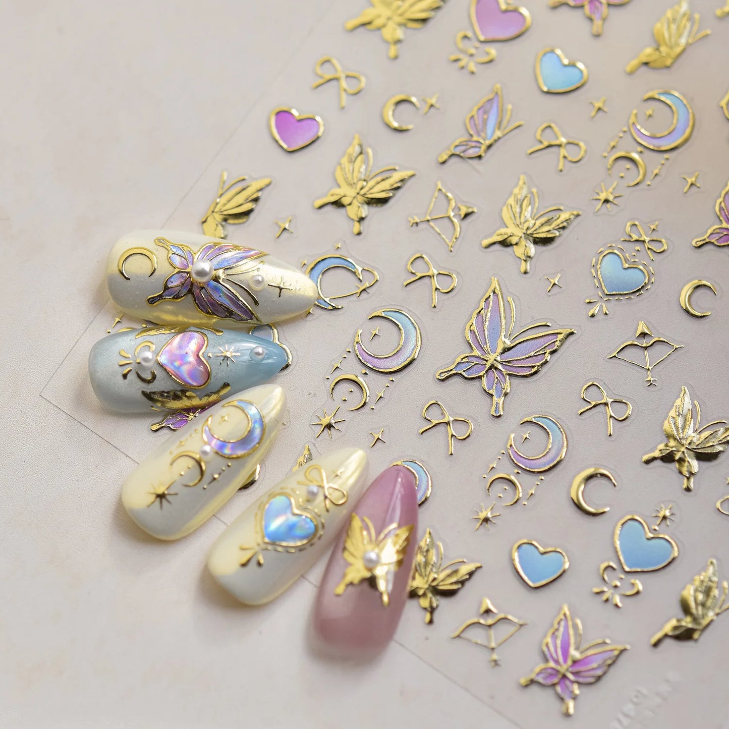 Gold Metal-Look Moon Bow Arrow Butterfly Purple Blue 3D Nail Art Decals