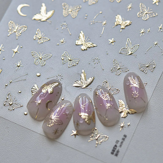 5D bronzing Gold Butterfly Nail Stickers Moon Stars  Butterfly self-adhesive Slider for Decoration Nail Art Sticker Slider DIY
