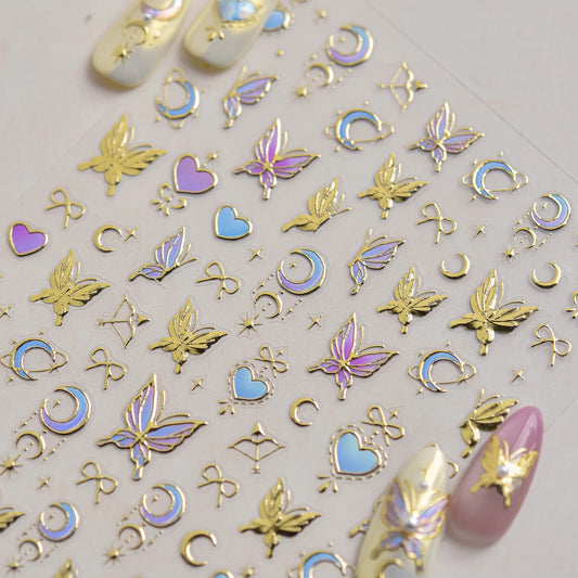 Gold Metal-Look Moon Bow Arrow Butterfly Purple Blue 3D Nail Art Decals