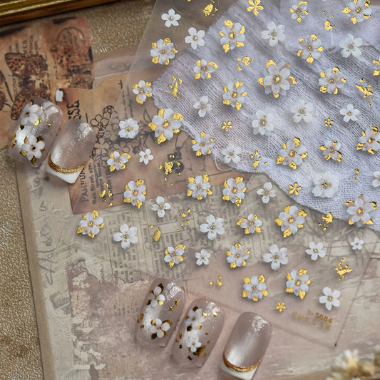 Relief Gold Foil White Peach Blossom Flower Nail Art Decals