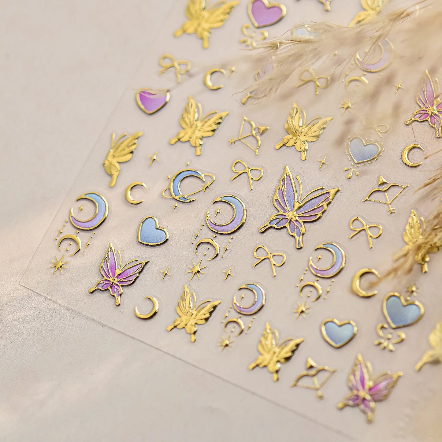 Gold Metal-Look Moon Bow Arrow Butterfly Purple Blue 3D Nail Art Decals