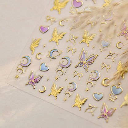 Gold Metal-Look Moon Bow Arrow Butterfly Purple Blue 3D Nail Art Decals