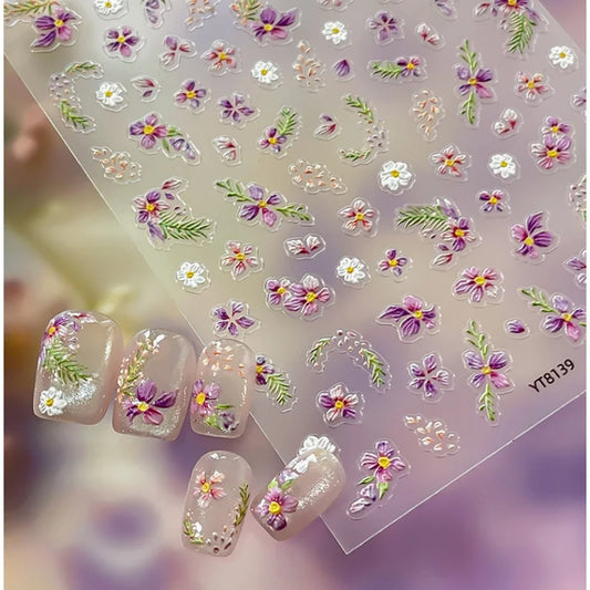 Spring Embossed Purple Flowers and Green Leaves Nail Art Decals