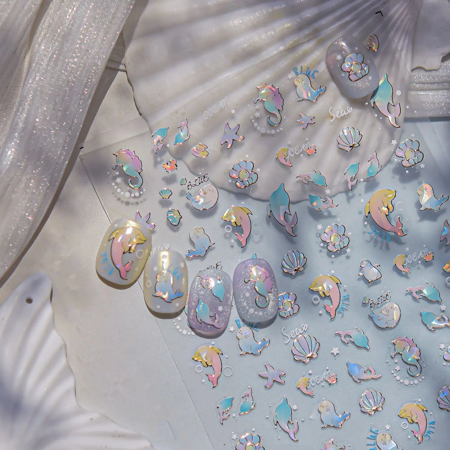 Dreamy Cute Opalescent Ocean Dolphin Seal Seashell Nail Art Decals