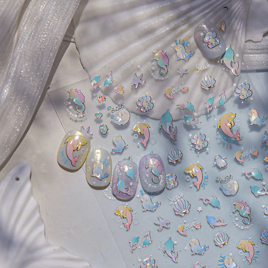 Dreamy Cute Opalescent Ocean Dolphin Seal Seashell Nail Art Decals