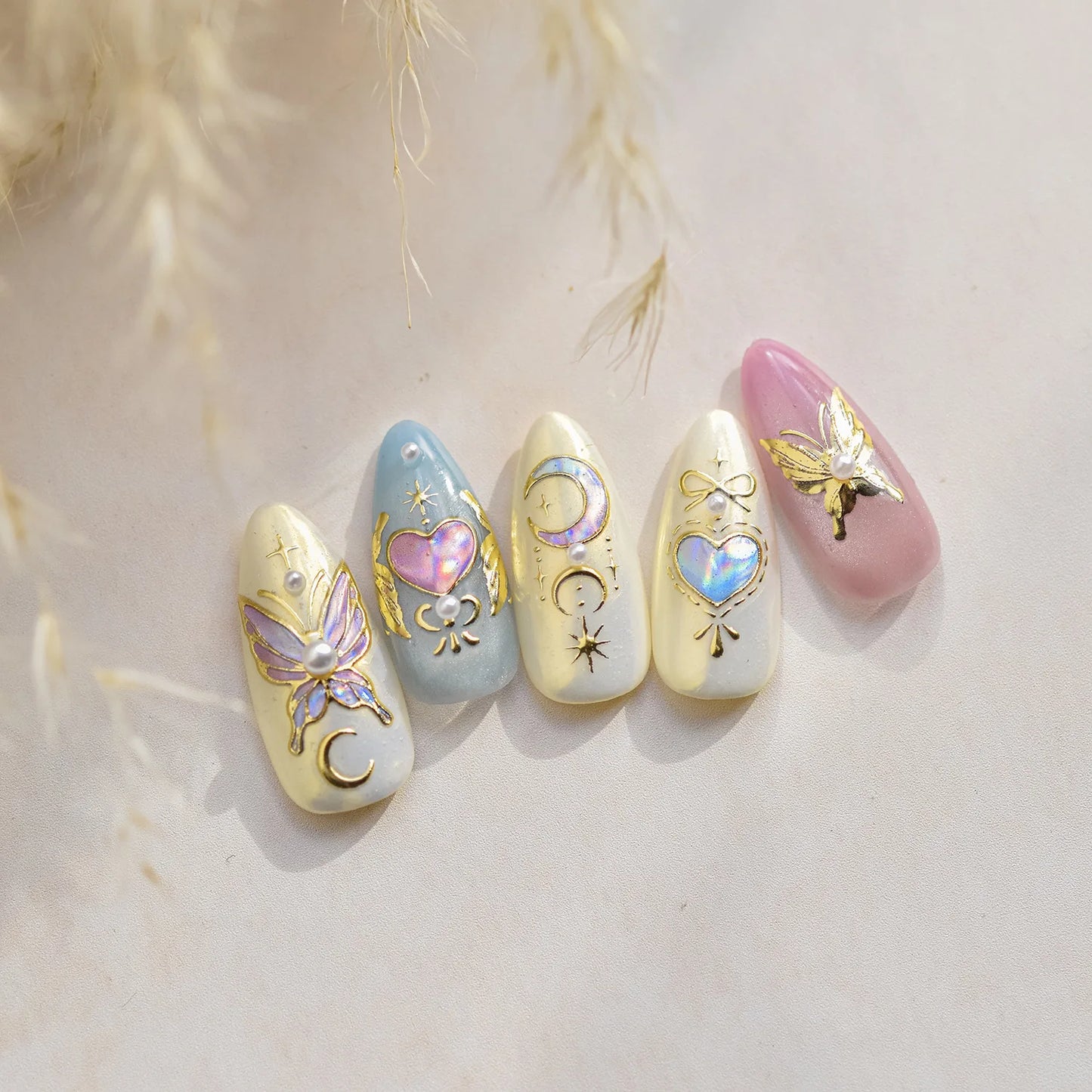 Gold Metal-Look Moon Bow Arrow Butterfly Purple Blue 3D Nail Art Decals