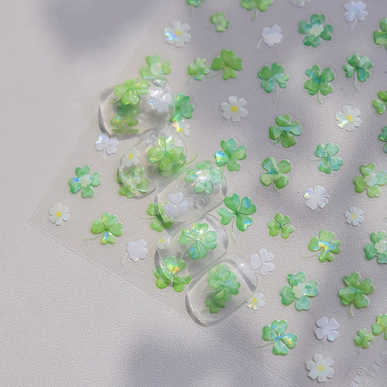 Opalescent Lucky Green Four Leaf Closer Watercolor Nail Art Decals