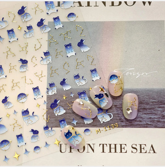 Cute Blue Bear, Cat, Rabbit Star Constellation Nail Art Decals