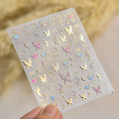 Gold Metal-Look Moon Bow Arrow Butterfly Purple Blue 3D Nail Art Decals