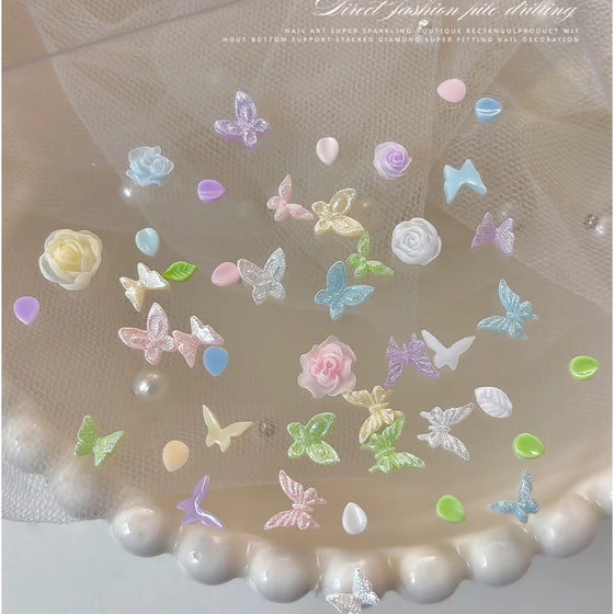 Pastel Glitter Butterfly Rose 3D Acrylic Nail Art Charms