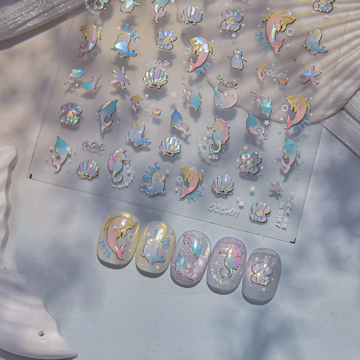 Dreamy Cute Opalescent Ocean Dolphin Seal Seashell Nail Art Decals