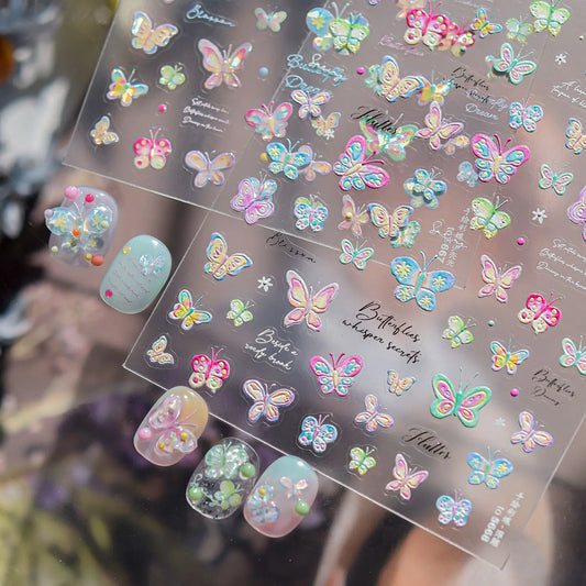 Colorful Embossed Hand Drawn Butterfly Nail Art Decals
